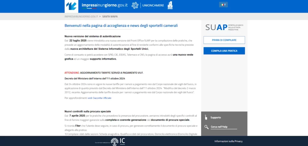 Impresa in un giorno - pagina compilazione pratica
