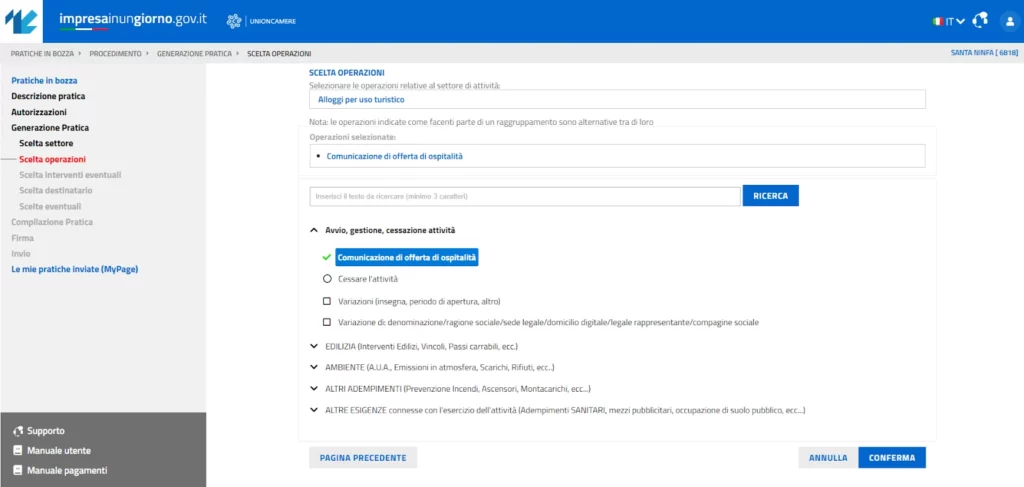Impresa in un giorno - comunicazione di offerta di ospitalità