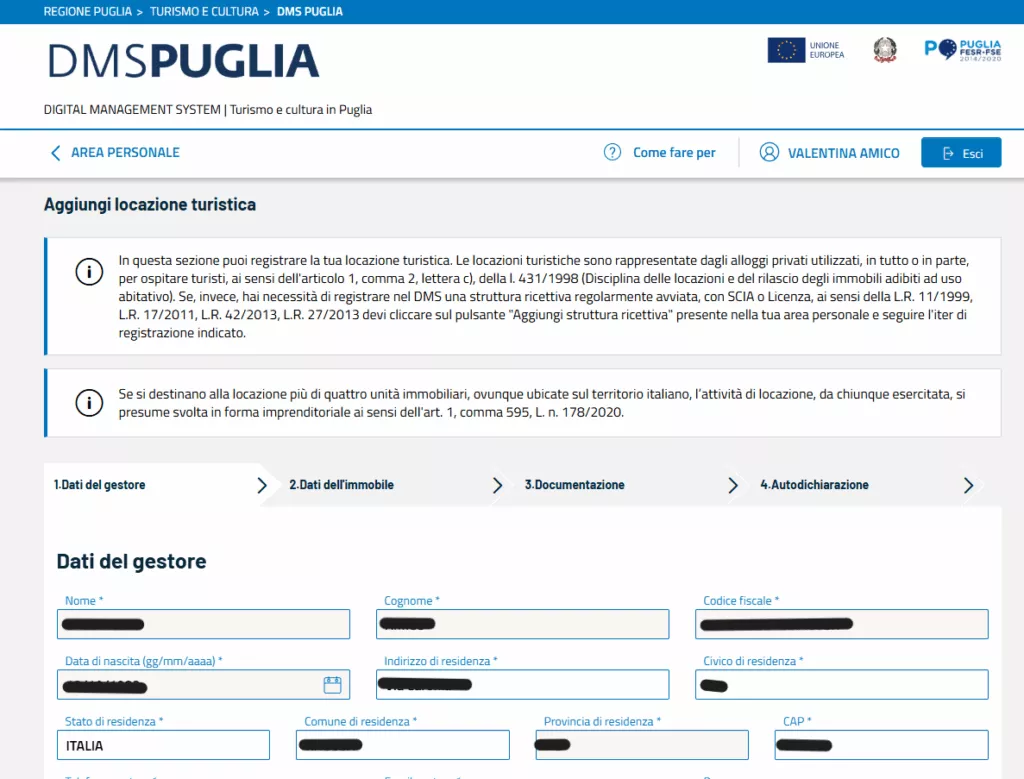 Prima parte dei Dati del Gestore Dati del gestore - prima parte