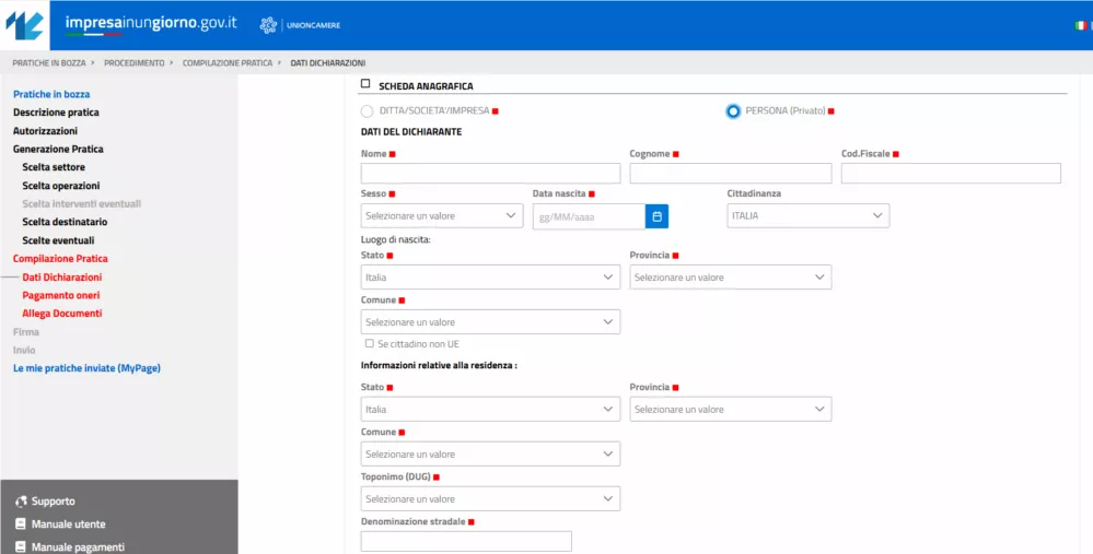 Impresa in un giorno sezione dati anagrafici
