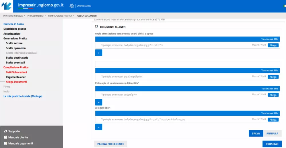 impresa in un giorno sezione allega documenti