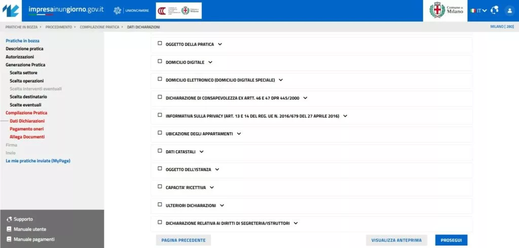 Impresa in un giorno - Sezioni da compilare